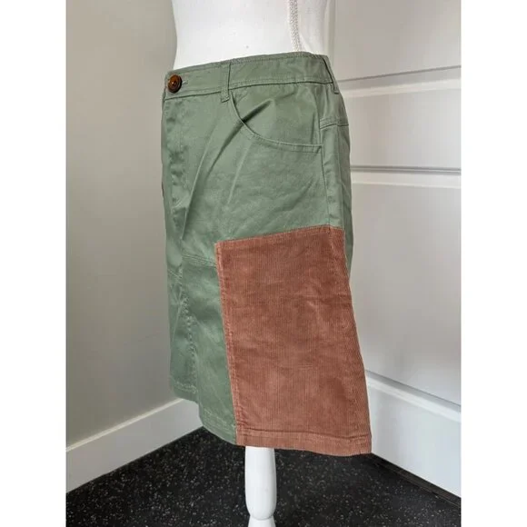 Anthropologie Meadow Rue Patchwork A-Line Skirt Sz 4 Cotton Blend Green/Brown - Picture 7 of 16